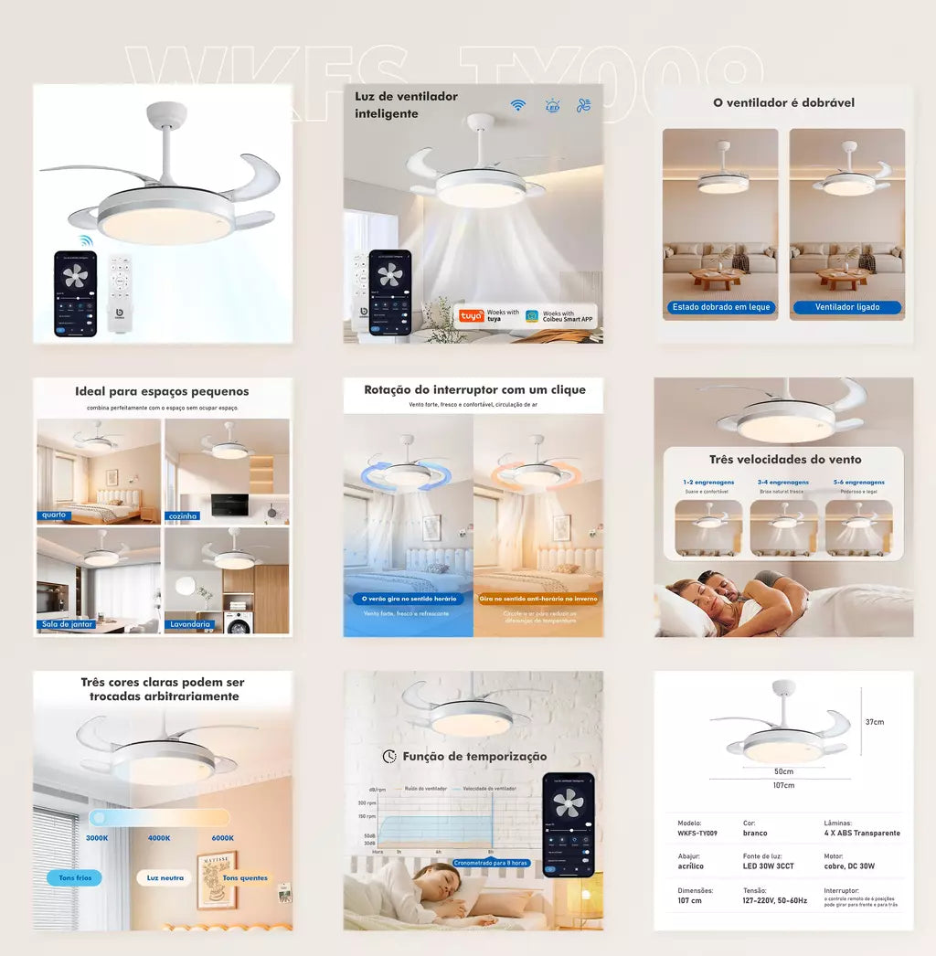 Ventilador de Teto Inteligente com Luz Invisível 3CCT e Controle Remoto - Design Dobrável, 3 Velocidades, Timer e App Tuya