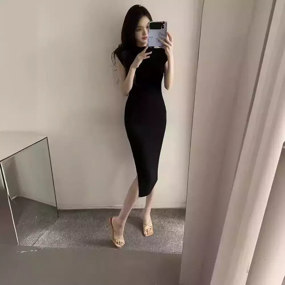 Verão novo sexy atrevido puro desejo estético fora do ombro vestido longo para as mulheres na moda fenda lateral hip cobrindo vestido