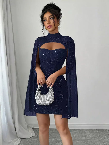 Sexy feminino gola capa mini vestido lantejoulas espumante clube festa noite fora cabido bodycon elegante outono inverno