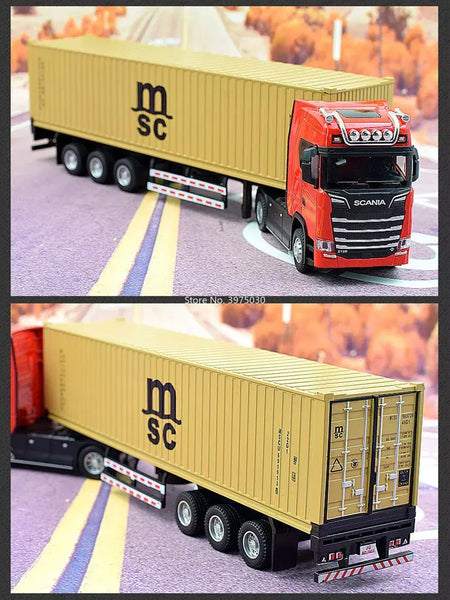 1:50 caminhão contêiner carros de brinquedo modelo fundido pneus de borracha veículo puxar para trás luz música carro em miniatura meninos presentes do festival