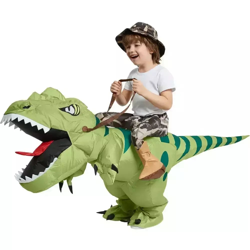 Nova venda quente engraçado criança adulto inflável equitação dinossauro verde cosplay traje crianças fantasia vestido de festa tema do feriado do dia das bruxas