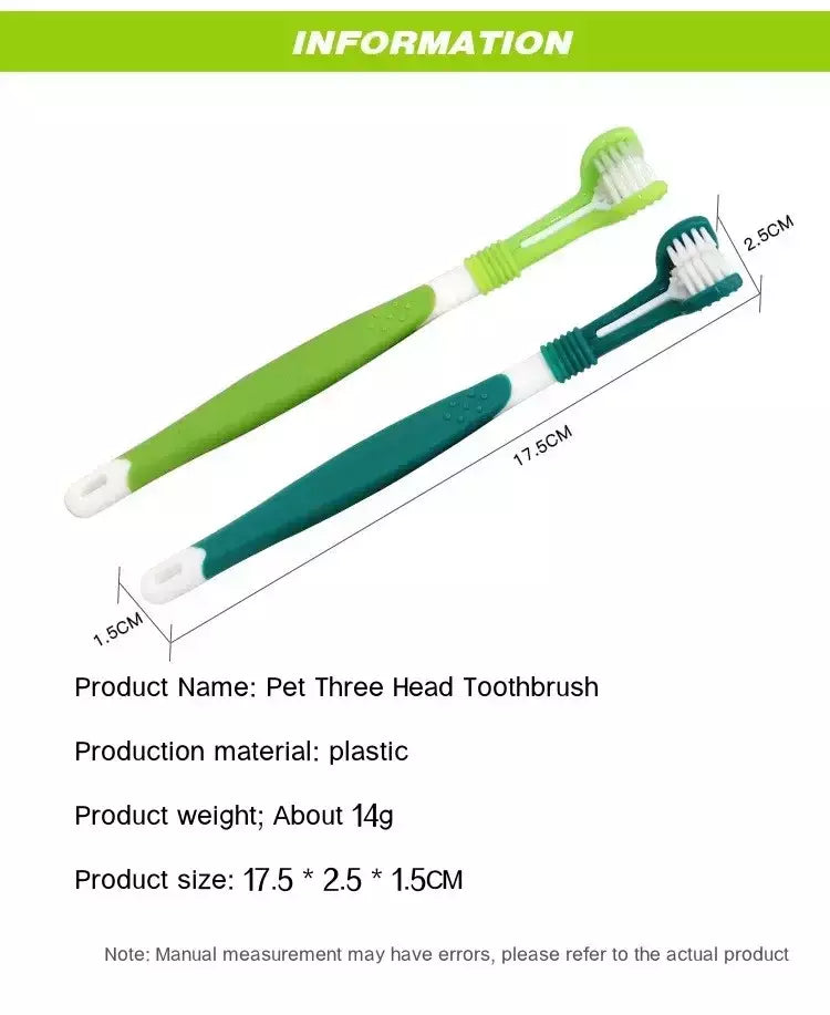 Escova de dentes de plástico para animais de estimação, 3 lados, remoção de tártaro, mau hálito, limpeza de boca, cuidados dentários para animais de estimação, boca de limpeza de gato