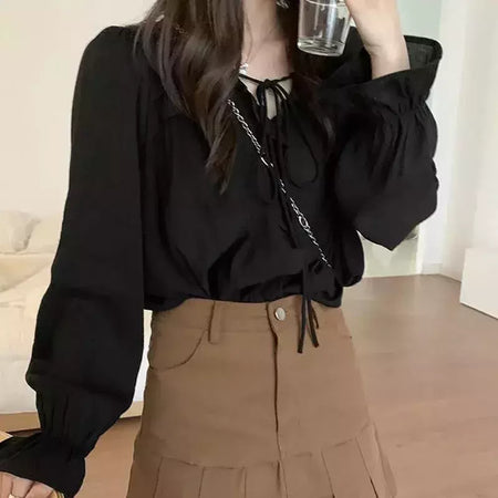 Xpqbb-Blusa de chiffon com decote em V para mulheres, camisas soltas com renda, manga comprida, babados, streetwear feminino, roupas coreanas, primavera e outono, 2024