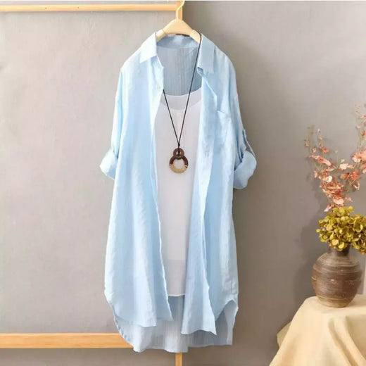 Camisa solta de comprimento médio feminina, tops de manga comprida, blusa casual, casaco feminino, moda verão