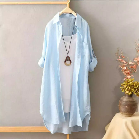 Camisa solta de comprimento médio feminina, tops de manga comprida, blusa casual, casaco feminino, moda verão