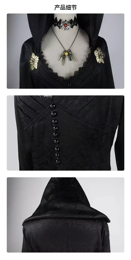 Em estoque traça senhora mal cosplay fantasia aldeia vampiro senhora dimitrescu traje feminino vestido preto halloween carnaval festa terno