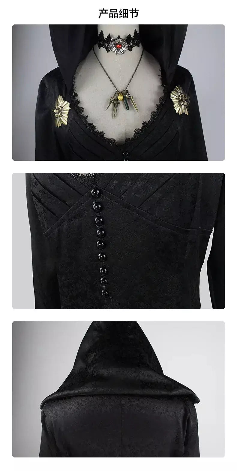 Em estoque traça senhora mal cosplay fantasia aldeia vampiro senhora dimitrescu traje feminino vestido preto halloween carnaval festa terno
