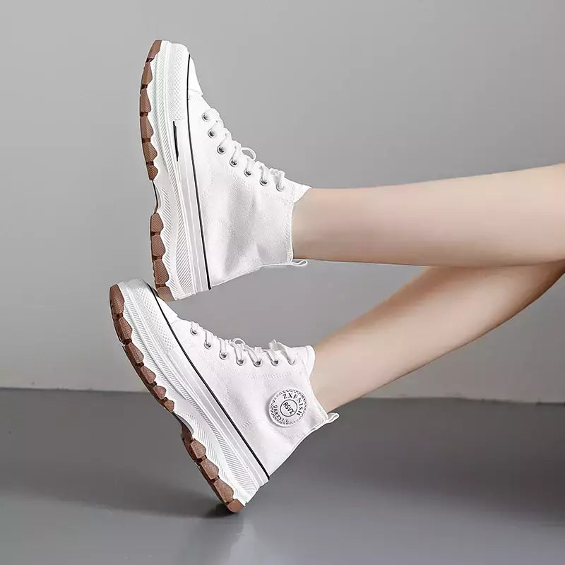 Tênis casual de cano alto para mulheres, com cordões, lona de altura da plataforma, antiderrapante, resistente ao desgaste, sapatos femininos vulcanizados, primavera, 2024