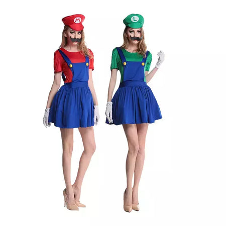 Luigi masculino disfarçado roupas de luxo para adultos super irmão roupas role-playing fantasia vestido conjunto chapéus e barba masculinos e femininos