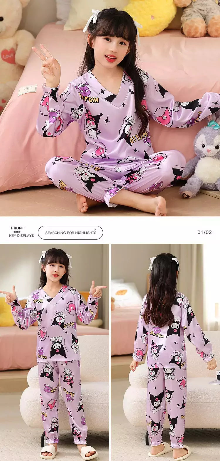 Ice Silk infantil Conjunto de Pijamas de manga curta, Pijamas gola V, Anime Sanrio Kuromi Minha melodia Desenhos animados, Cinnamoroll Menina, Cinnamoroll