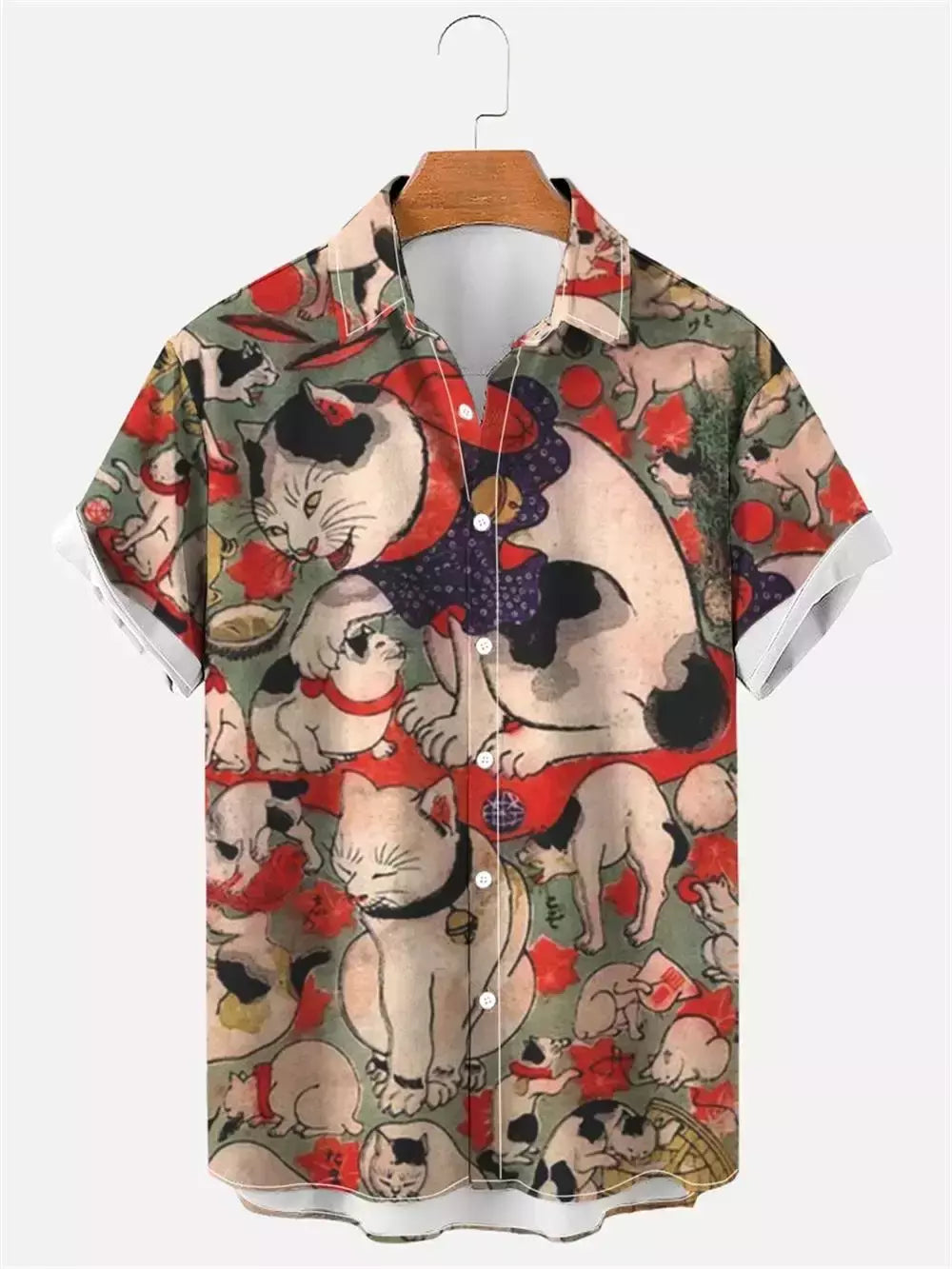 Camisa havaiana dos desenhos animados de anime masculino, Tops de manga curta, roupas casuais masculinas, rua, animais, gatos, retrô, 3D Tees, verão