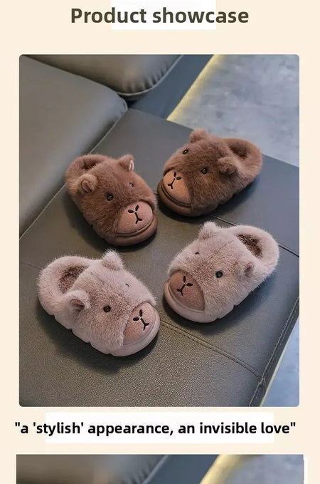 Capivara crianças chinelos 2025 inverno novo bonito fofo algodão sapatos de chão mulher quente interior dos desenhos animados piso de pelúcia casa chinelos
