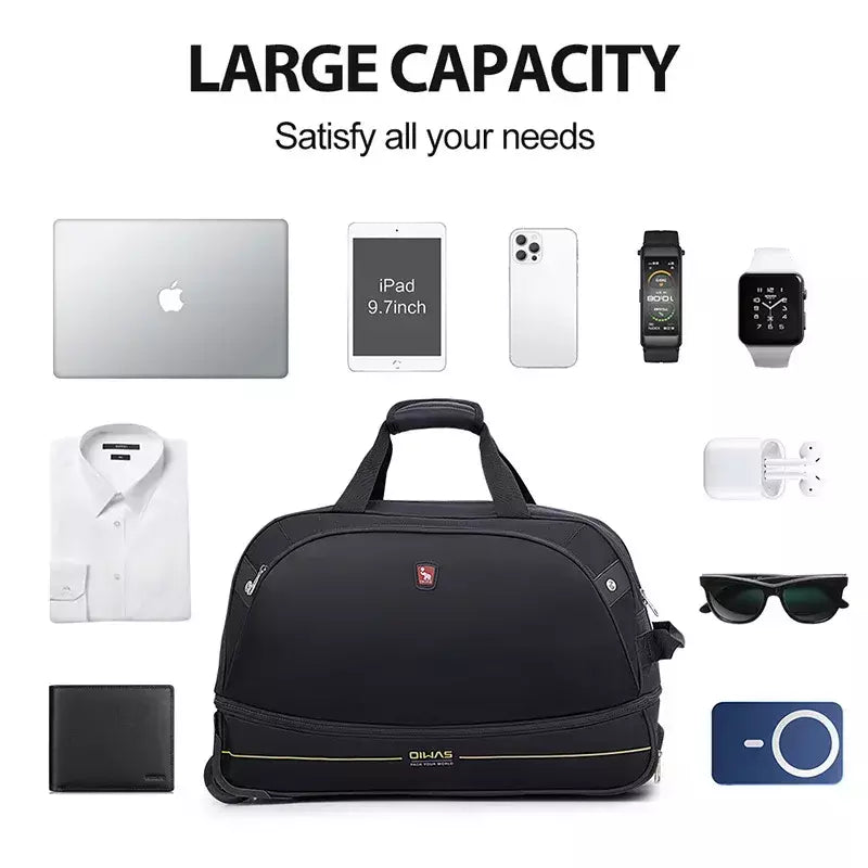 OIWAS-mochila masculina com carrinho, mala de rolamento dobrável, repelente de água, bagagem de mão com rodas, bolsa de mão, pacote de expansão de 56 litros