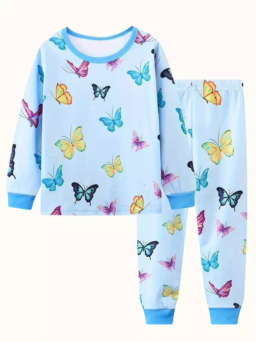 Unicórnio cartoon pijama para meninas, manga longa, duas peças set