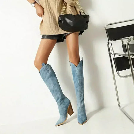 Denim ocidental mulheres joelho coxa botas altas novo 2024 outono inverno salto alto cowboy botas longas tamanho 43 deslizamento em sapatos femininos