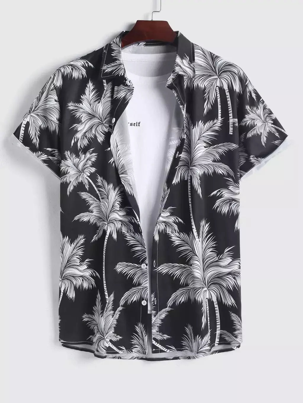 Camisa de lapela masculina de manga curta, estilo havaiano, padrão tropical de coqueiro, tops grandes, férias de verão