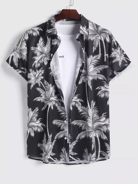 Camisa de lapela masculina de manga curta, estilo havaiano, padrão tropical de coqueiro, tops grandes, férias de verão