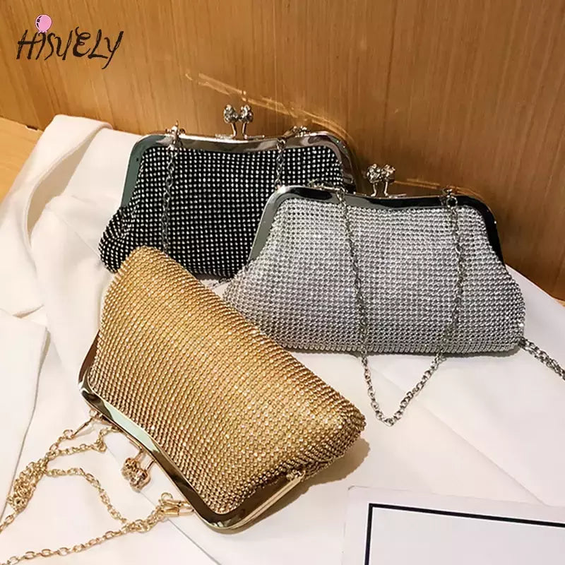 Diamante de ouro sacos de noite para mulheres, bolsa de luxo, corrente elegante, ombro crossbody bag, embreagem festa casamento, moda, 2024
