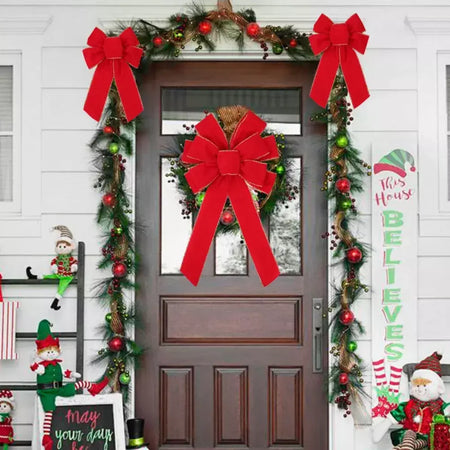 Laços de natal vermelhos decorações ao ar livre grande árvore de natal arco superior grinalda de veludo com glitter borda dourada decoração da porta da frente