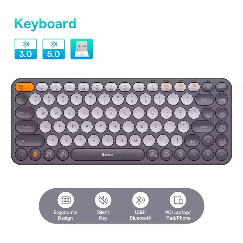 Baseus-Teclado Ergonômico Sem Fio, 2.4G, Bluetooth 5.0, Keycap Numérico, Office Game, Tablet, PC, iPad, MacBook, Laptop