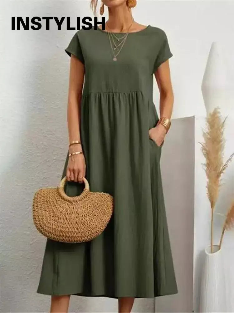 Vintage sólido midi vestido casual manga curta algodão e linho harajuku oversized vestido longo feminino verão y2k maxi vestido de verão 2023