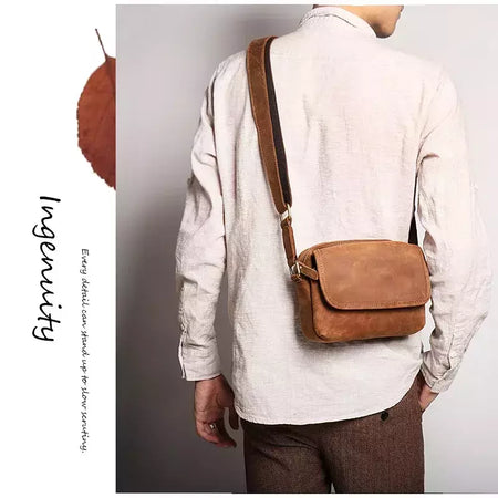 Bolsa de ombro retrô de couro genuíno masculina, grande capacidade, bolsa transversal diagonal, bolsa pequena para iPad, cavalo louco