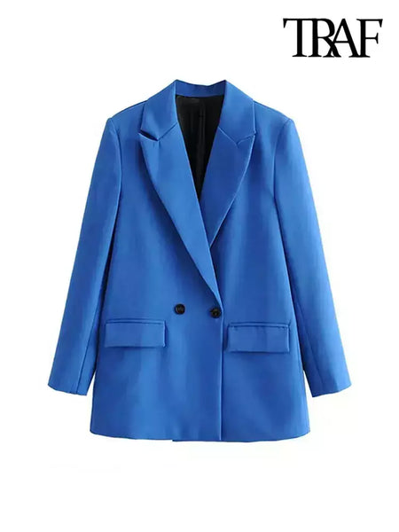 TRAF-Blazer de trespassado feminino, gola entalhada, manga comprida, chique, senhora do escritório, casaco vintage, casacos femininos, tops elegantes, moda