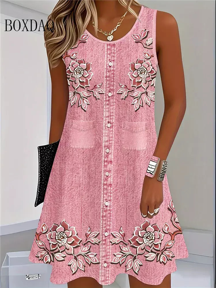 2025 mulheres verão sem mangas vestido boêmio moda imitar cowboy colete flores impressão vestido casual tanque vestidos de praia para mulher