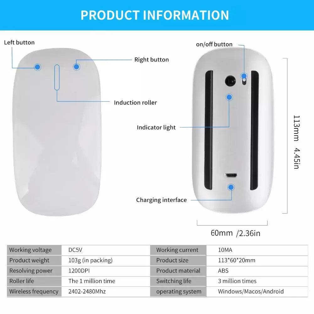 Silencioso Magic Mouse sem fio recarregável, Bluetooth, Laser, Computador, Magro, Ergonômico, PC, Apple MacBook, Microsoft, Magic