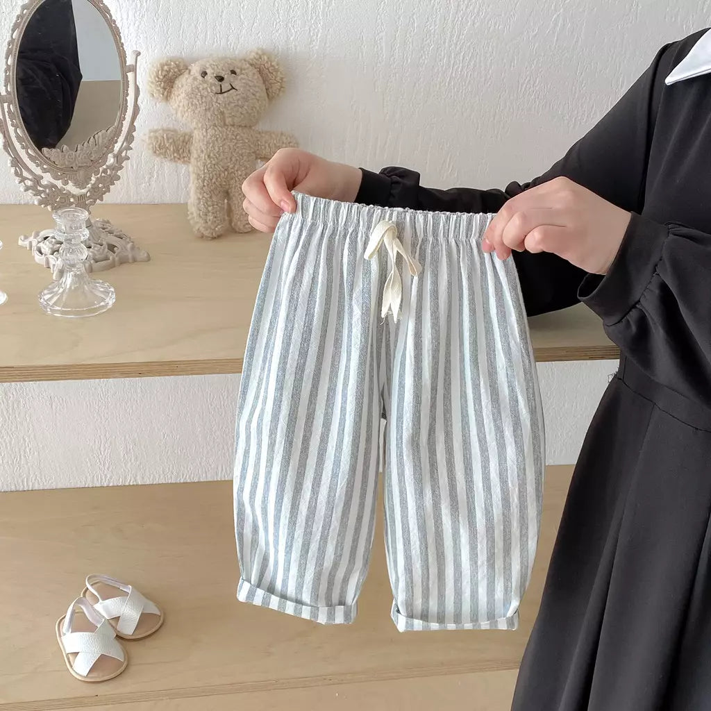 Calças listradas de algodão de linho vintage para meninos casual bolso design elásticos calças de cintura para criança menina roupas crianças