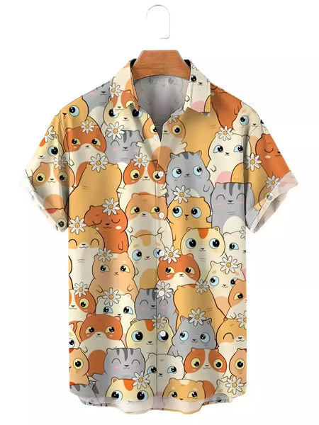 Camisa havaiana dos desenhos animados de anime masculino, Tops de manga curta, roupas casuais masculinas, rua, animais, gatos, retrô, 3D Tees, verão