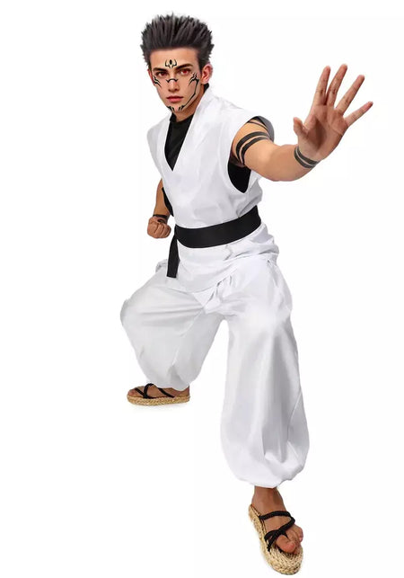Dazcos ryomen sukuna traje branco kung fu terno com adesivos de tatuagem ryomen sukuna como megumi showdown cosplay traje conjunto completo