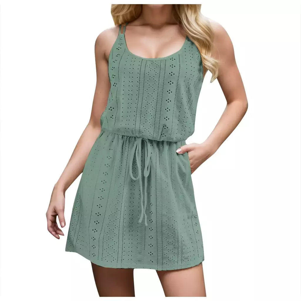 Vestido de praia feminino com cordão de cintura alta, roupa de banho, moda verão, sem mangas, biquíni monocromático