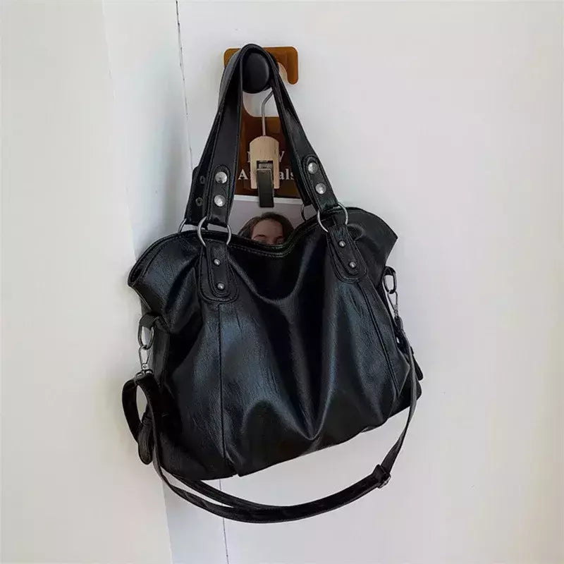 Bolsas de ombro pretas de grande capacidade para mulheres, bolsa de compras monocromática, couro macio, bolsa crossbody, sacola de viagem senhora