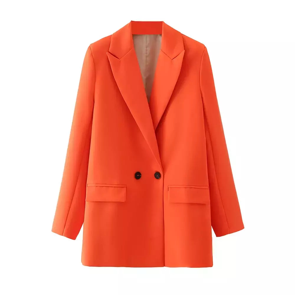 TRAF-Blazer de trespassado feminino, gola entalhada, manga comprida, chique, senhora do escritório, casaco vintage, casacos femininos, tops elegantes, moda
