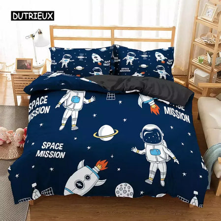 Conjunto de cama para meninos da aviação dos desenhos animados, astronauta Duvet Cover, Blue Sky Dream Quilt Cover, gêmeo, único, tamanhos duplos, fronha