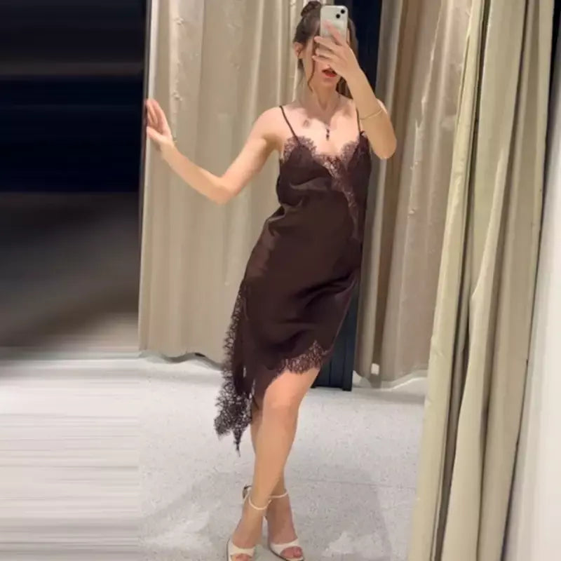 Hxao vestidos femininos de renda assimétrica vestido deslizante verão 2025 vestidos de noite sexy senhoras mini marrom sem mangas sem costas