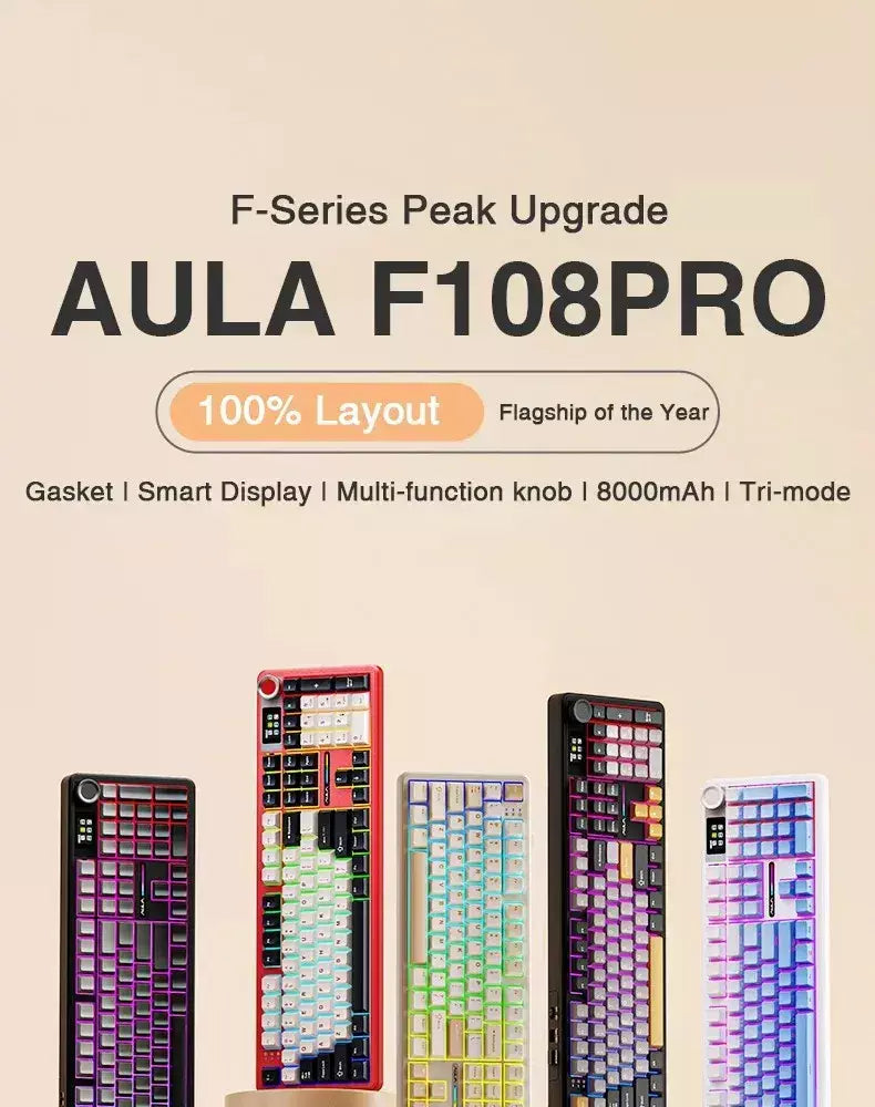 AULA F108 Pro Gaming Mecânico Teclado Tri Mode Personalizado Multi-Pulha Tela RGB Esports Teclado Sem Fio com TFT Smart Display