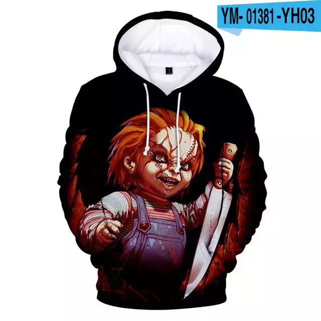 Chucky-Homens 3D Full-Print Hoodies Filme de Terror, moletom Hoodie, Traje Cosplay, Streetwear, Unisex, Nova Moda, 2024