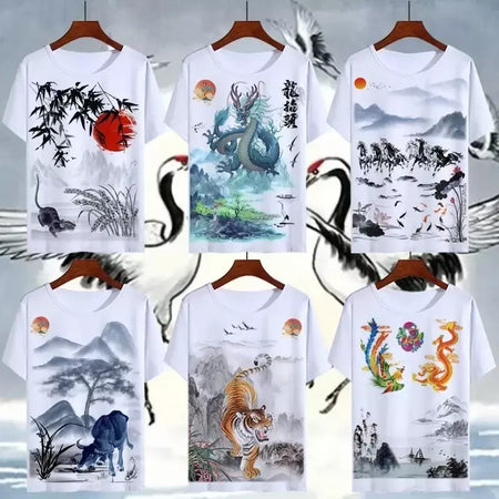 2025 china animal impressão 3d doze constelações dragão e tigre lavagem pintura adulto topo tinta do zodíaco camiseta edição mais recente