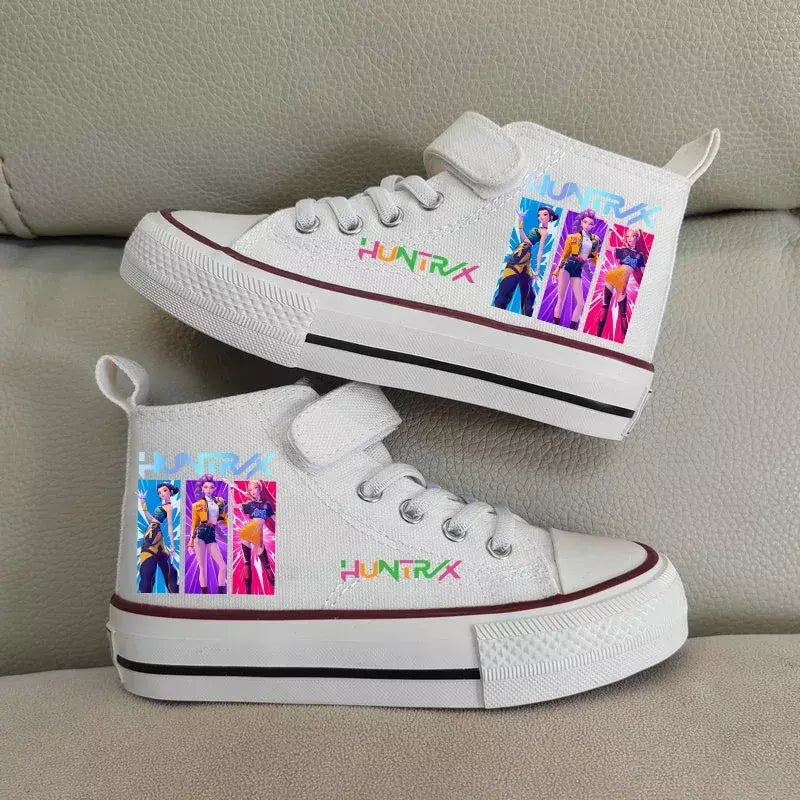 Novas crianças sapatos de lona de alta qualidade meninas sapatos kpop demônio caçadores crianças sapatos de placa branca estudante correndo tênis sapatos brancos