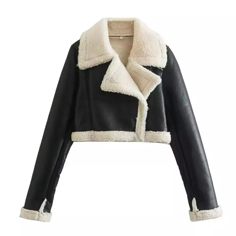 Jaqueta vintage de zíper frontal feminina, gola lapela, mangas compridas, roupas chiques femininas, monocromáticas, moda senhora