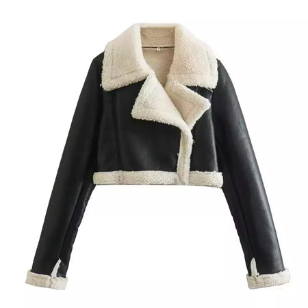 Jaqueta vintage de zíper frontal feminina, gola lapela, mangas compridas, roupas chiques femininas, monocromáticas, moda senhora