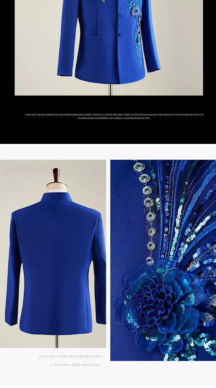 (Jaqueta + calça) moda masculina palco desempenho vestido ternos 2025 novo masculino estilo chinês levante-se colarinho decalque blazer e calças