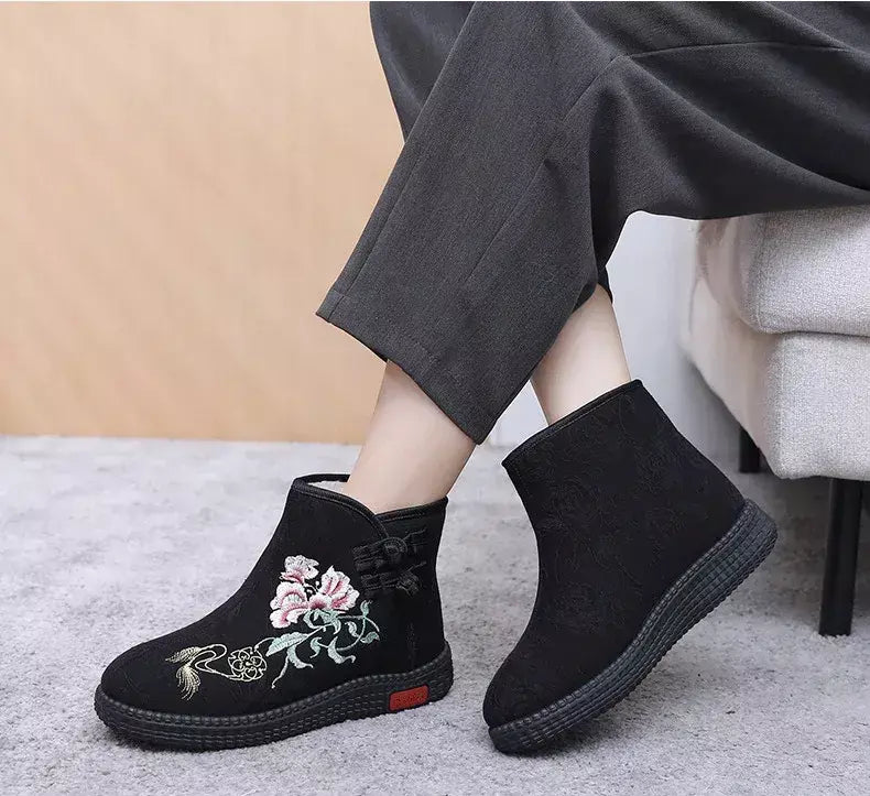 Sapatos de pano de inverno estilo étnico botas mujer sapatos femininos zapatos botas curtas quentes mulher bootie bordado algodão botas femininas
