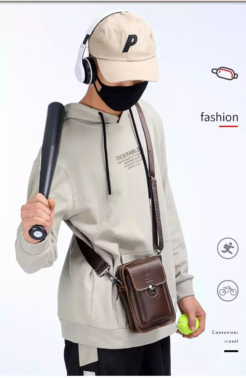 BULLCAPTAIN-Pacotes de Cintura de Couro Genuíno para Homens, Cinto Casual, Bolsa de Telefone Móvel 100% Couro Pequena Bolsa de Ombro