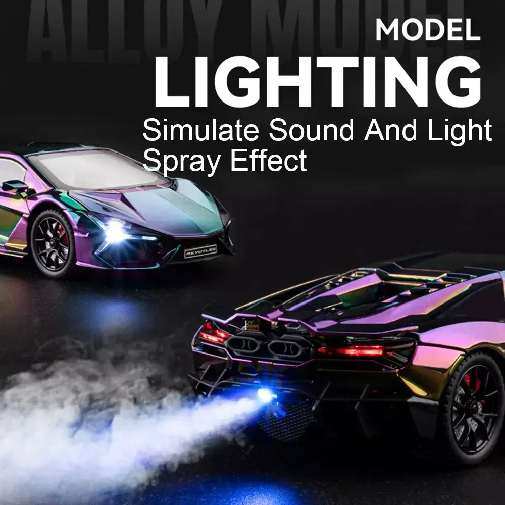 1:24 escala revuelto modelo em miniatura brinquedo carros esportivos liga diecast supercars som luz portas abertas puxar para trás para crianças presentes