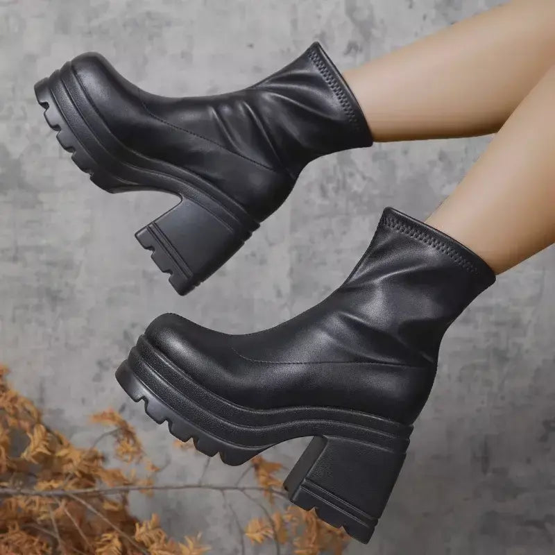 Mulheres nova moda botas curtas mulheres sexy bota de couro dedo do pé quadrado casual zíper salto alto casual sola grossa sapatos femininos zapatos