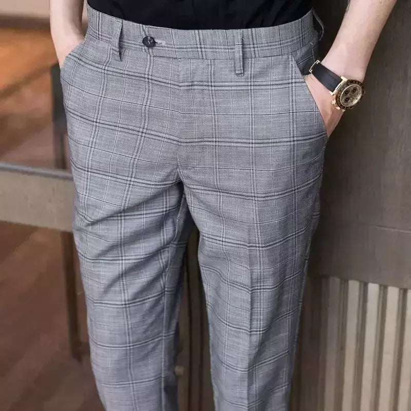 Xadrez masculino anti-rugas calças cortadas, roupas de grife casual, terno masculino reto, verão, fino, barato, designer, cheque, 9
