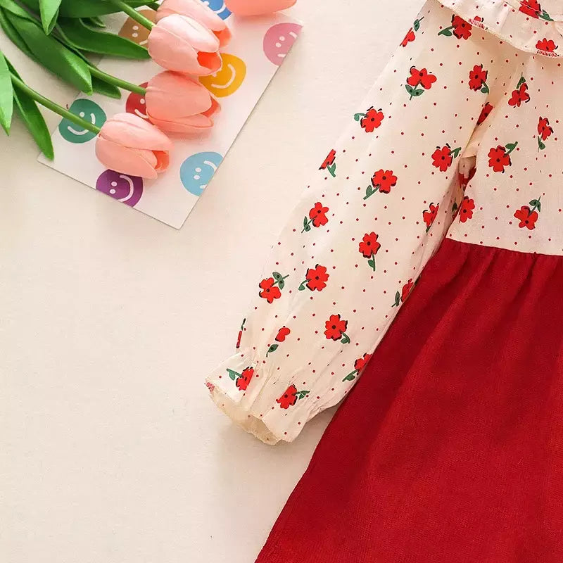 Outono novas meninas recém-nascidas vestido de manga longa dos desenhos animados fragmentado flor lapela bebê vestido de princesa flor cinta vestido